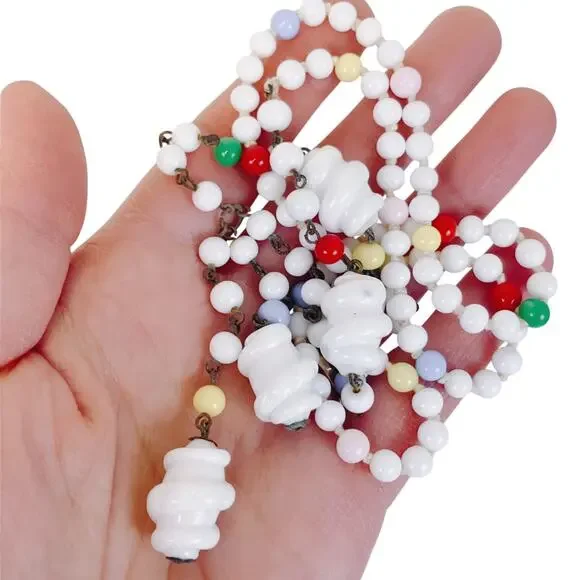 Vintage Milk Glass Lariat Necklace Long Knotted Beaded Y Drop Fun Folk Art Style - Picture 4 of 13